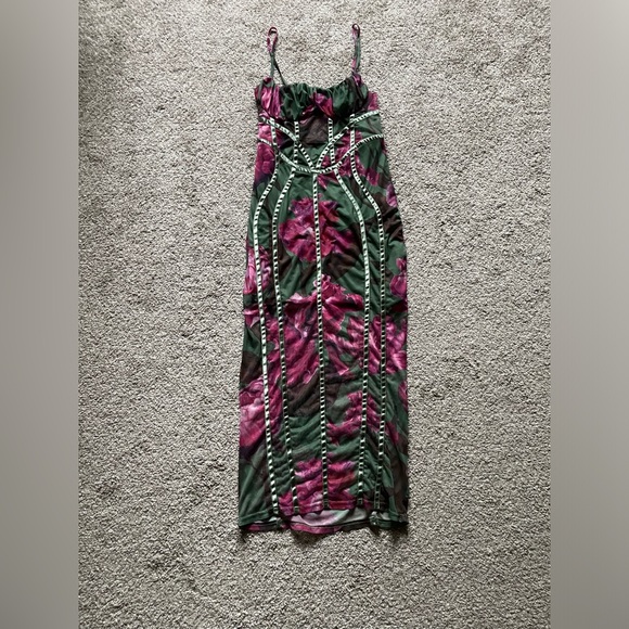 Green floral print mesh binding midaxi dress size 10 - Picture 3 of 8